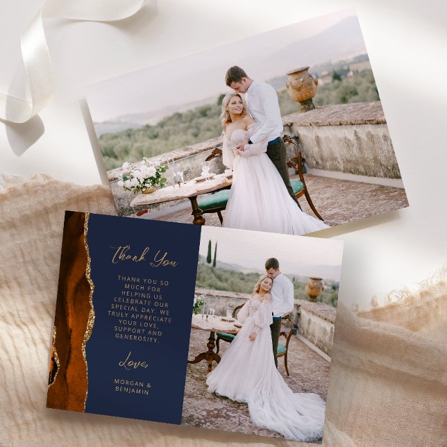 Carte De Remerciements Photo Brûlé Orange Agate Marine Mariage de script  (Créateur téléchargé)