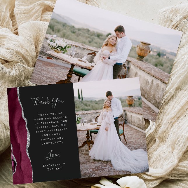 Carte De Remerciements Photo Burgundy Agate Argent Dark Script Mariage (Créateur téléchargé)