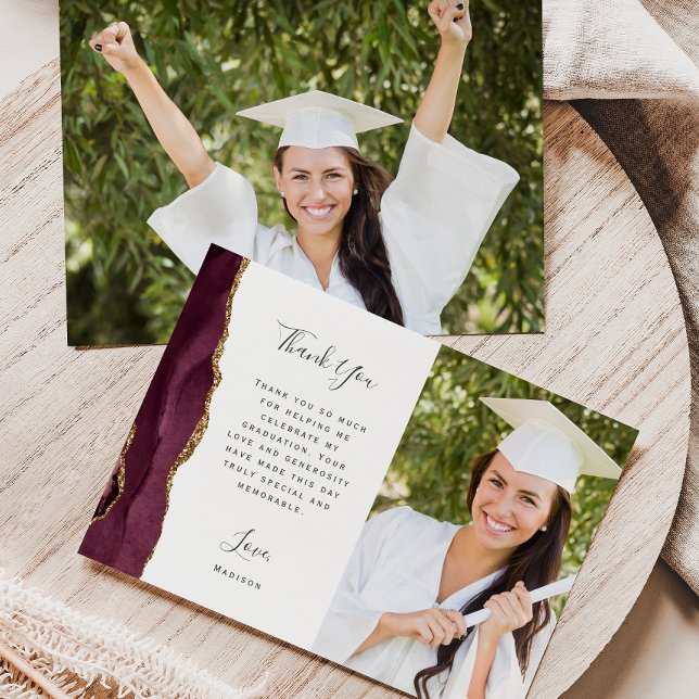 Carte De Remerciements Photo Burgundy Agate Gold Script Graduation (Créateur téléchargé)