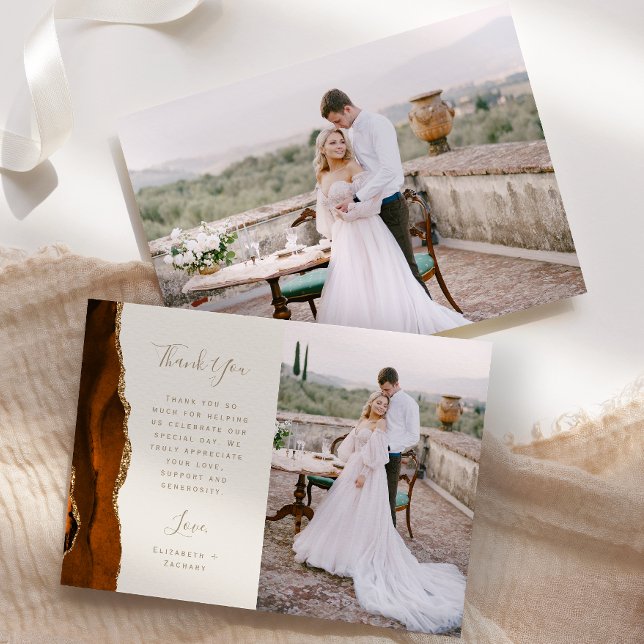 Carte De Remerciements Photo Burnt Orange Agate Gold Ivory Script Wedding (Créateur téléchargé)