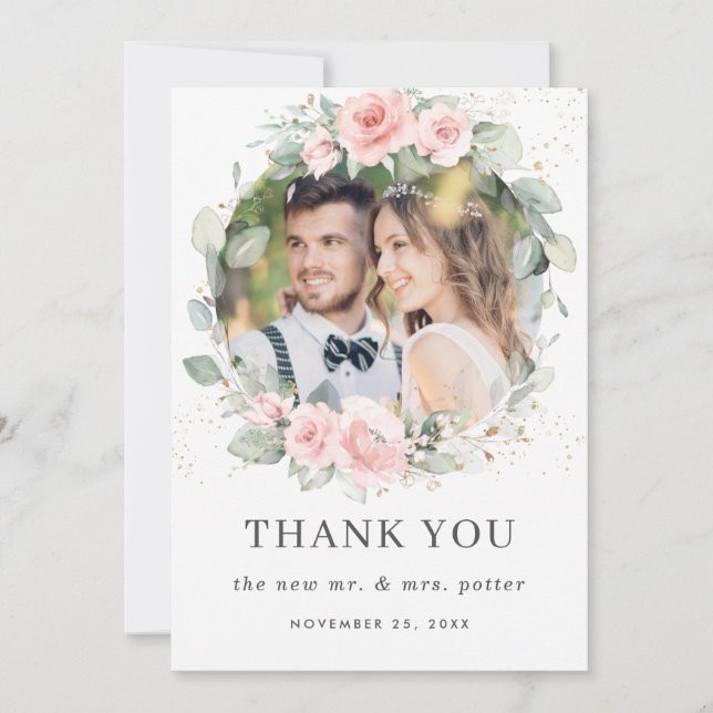 Carte De Remerciements Photo Chic Soft Hued Blush Rose Floral Vert (Devant)