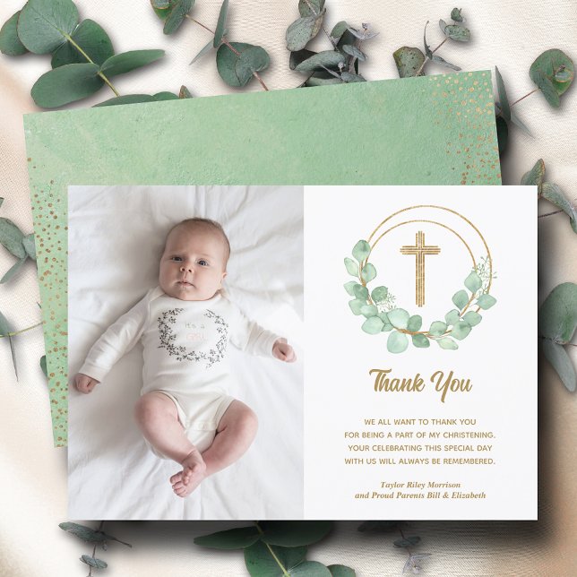 Carte De Remerciements Photo Christening Cross Eucalyptus (Créateur téléchargé)