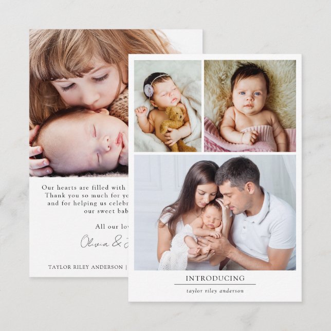Carte De Remerciements Photo Collage Statistiques de naissance Nouveau bé (Devant / Derrière)