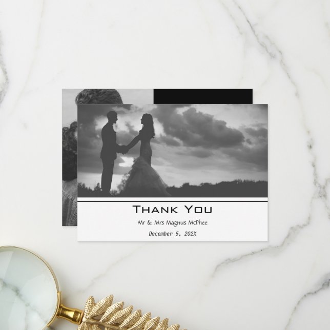 Carte De Remerciements Photo contemporaine noire et blanche (Devant/Arrière en situation)
