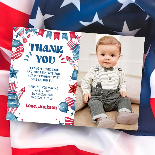 Carte De Remerciements Photo d'anniversaire 4 juillet Little Firecracker (Créateur téléchargé)