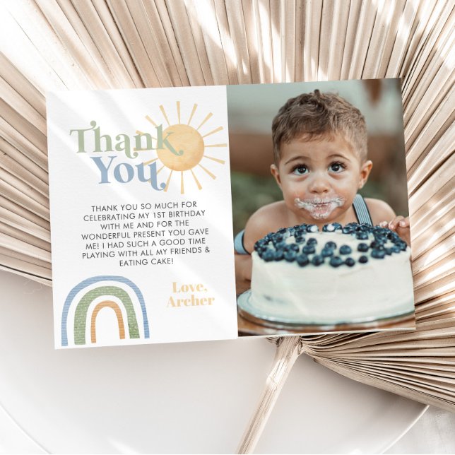 Carte De Remerciements Photo d'anniversaire arc-en-ciel de Mr Onederful 1 (Mr Onederful 1st birthday Party Thank You Card with Photo. No photo option as well. )