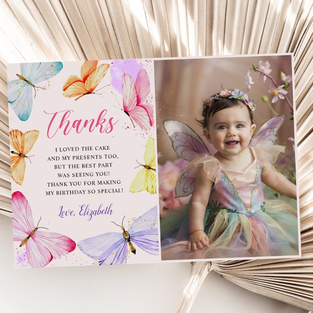 Carte De Remerciements Photo d'anniversaire de la fille papillon aquarell (Créateur téléchargé)