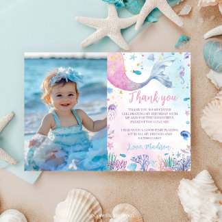 Carte De Remerciements Photo d'anniversaire de sirène pastel sous la mer