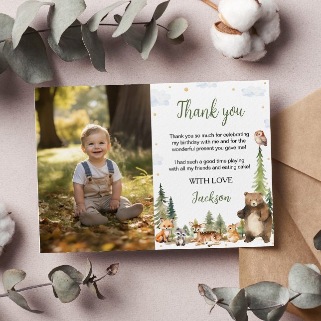 Carte De Remerciements Photo d'anniversaire des Animaux Mignons de la For (Créateur téléchargé)