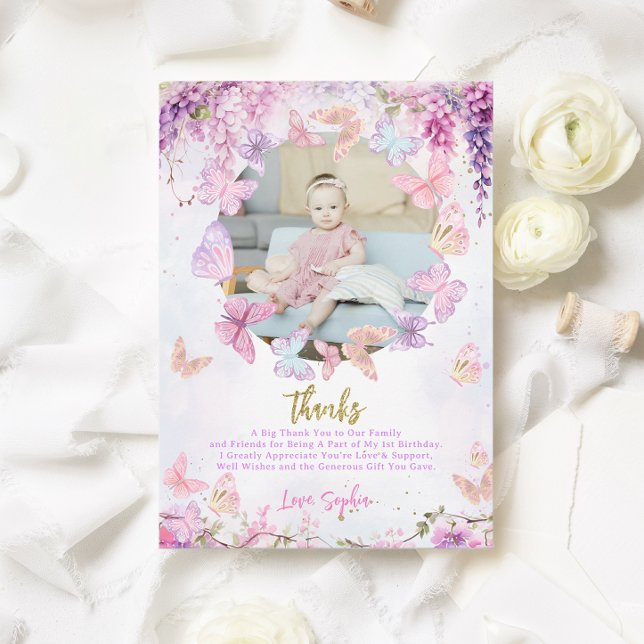 Carte De Remerciements Photo d'anniversaire enfant papillon or floral wis (Créateur téléchargé)