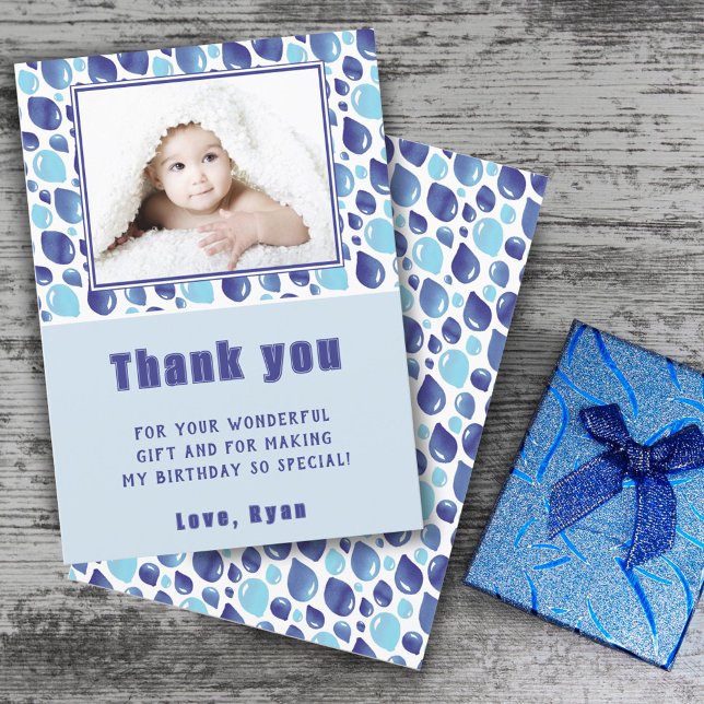 Carte De Remerciements Photo d'anniversaire pour enfant Balloon Blue Kid (Créateur téléchargé)