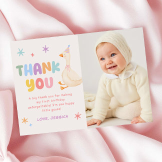 Carte De Remerciements Photo de 1er anniversaire de la fille drôle d'oie 