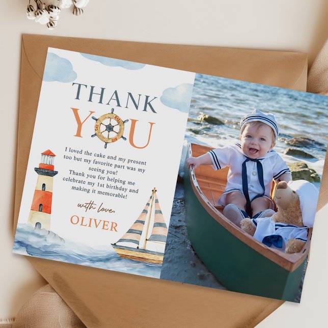 Carte De Remerciements Photo de 1er anniversaire Little Sailor Nautical B (Créateur téléchargé)