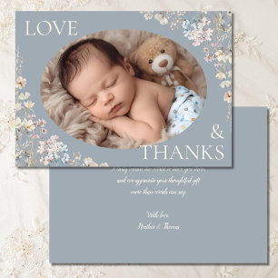 Carte De Remerciements Photo de Baby Shower Fleur Sauvage Bleu Poussiéreu