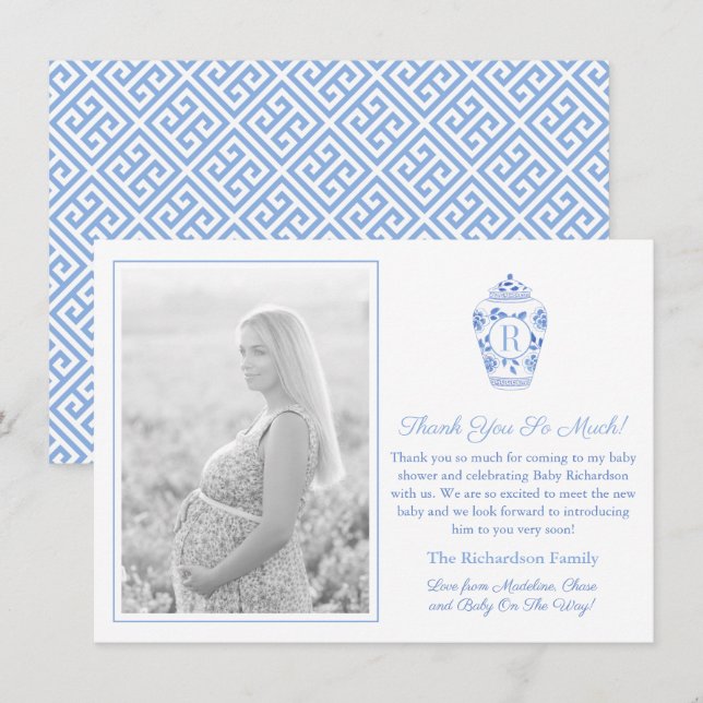 Carte De Remerciements Photo de Baby Shower Monogramme Bleu et Blanc (Devant / Derrière)