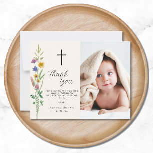 Carte De Remerciements Photo de baptême de fleur sauvage florale