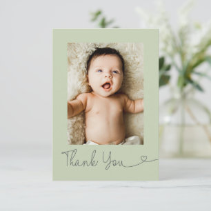 Carte De Remerciements Photo de bébé cœur Baby shower moderne vert