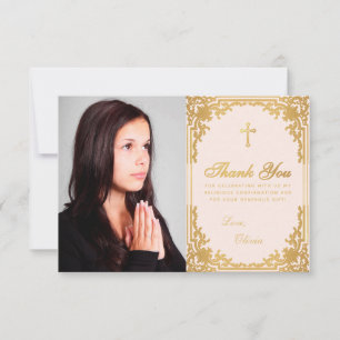Carte De Remerciements Photo de confirmation fille rose or vintage croix