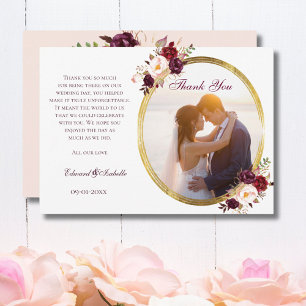 Carte De Remerciements Photo de couple floral rose et burgundy glamour