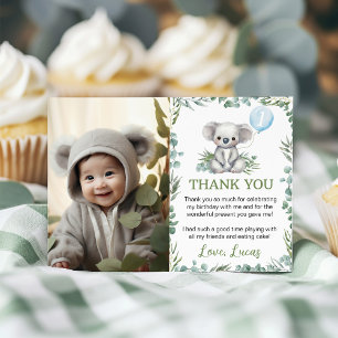Carte De Remerciements Photo de fête d'anniversaire avec un koala mignon 