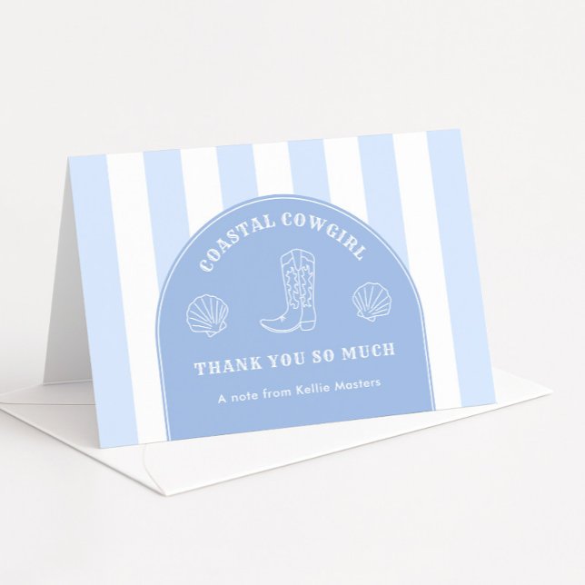 Carte De Remerciements Photo de fête de bachelorette Classy Coastal Cowgi (Modern arch blue and white Coastal Cowgirl bachelorette party thank you cards)