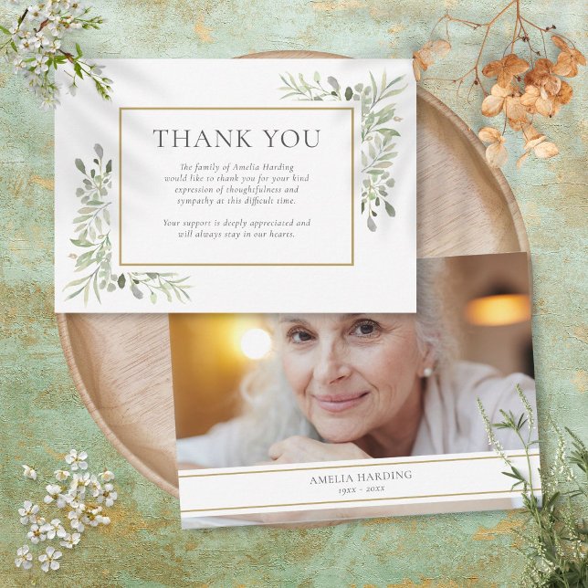 Carte De Remerciements Photo de feuillage aquarelle pour mémorial de funé (Funeral Memorial Watercolor Foliage Photo Thank You Card)