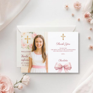 Carte De Remerciements Photo de fille avec ruban rose Confirmation