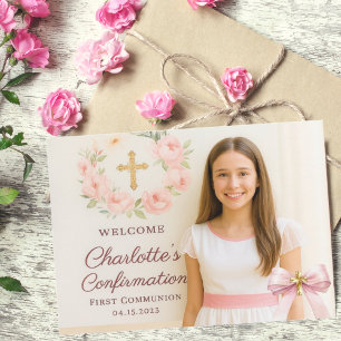 Carte De Remerciements Photo de fille avec ruban rose et croix pour la Pr