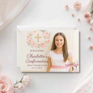 Carte De Remerciements Photo de fille avec un nœud rose et une croix pour