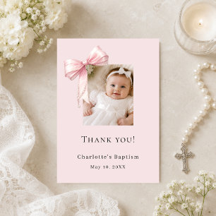 Carte De Remerciements Photo de fille avec un nœud rose pour baptême