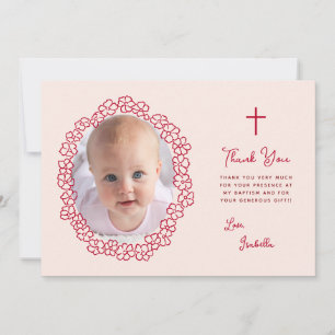 Carte De Remerciements Photo de fille de baptême rose & Couronne florale 