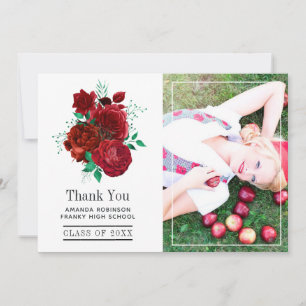 Carte De Remerciements Photo de graduation en fleurs rouge et verte