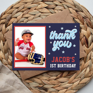 Carte De Remerciements Photo de la 1re fête d'anniversaire de baseball Re