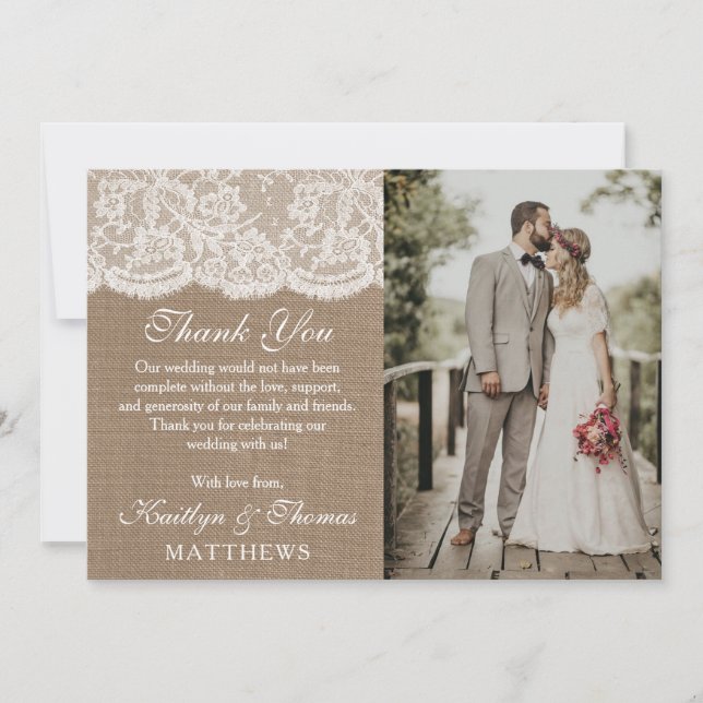 Carte De Remerciements Photo de la collection de Mariages Burlap & Lace (Devant)