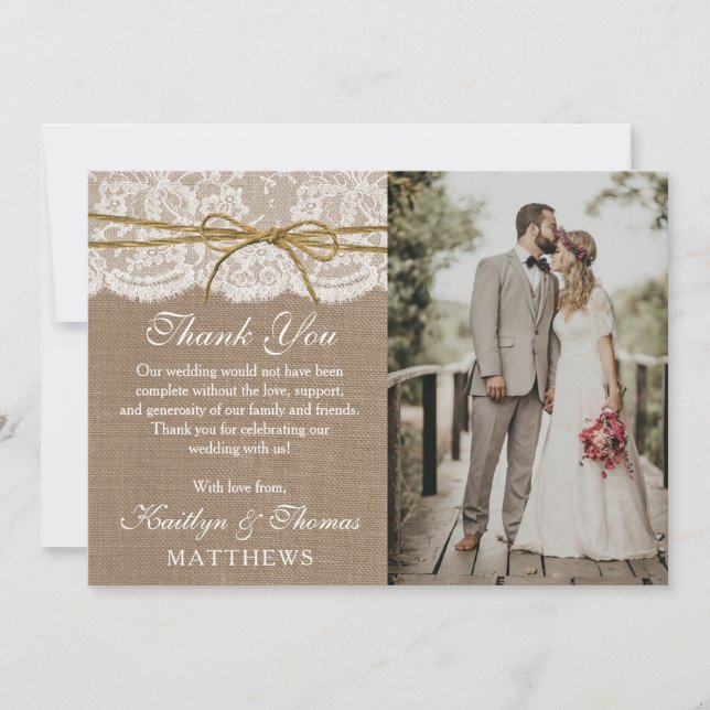 Carte De Remerciements Photo de la collection de Mariages Rustic Twine Bo (Devant)
