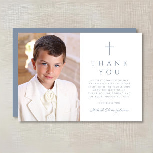 Carte De Remerciements Photo de la première communion d'un garçon à croix