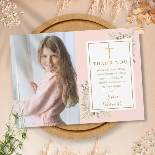 Carte De Remerciements Photo de la première communion rose pâle