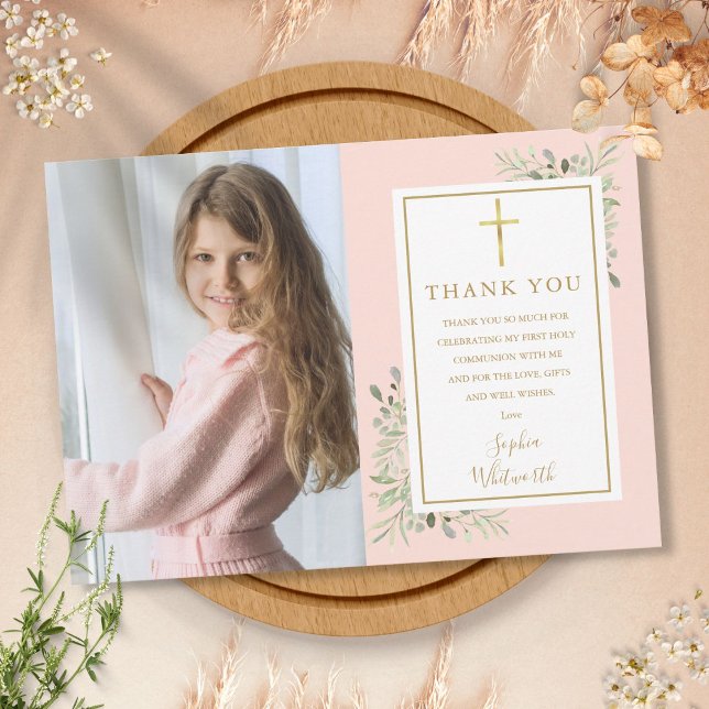 Carte De Remerciements Photo de la première communion rose pâle (Créateur téléchargé)