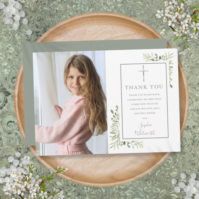 Carte De Remerciements Photo de la première sainte communion (First Holy Communion Greenery Photo Thank You Card)