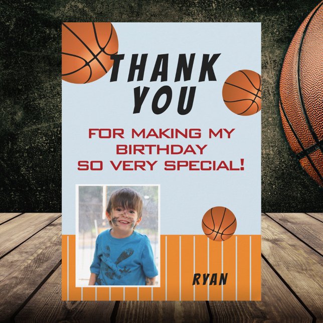 Carte De Remerciements Photo de l'Anniversaire de enfant de basket-ball m (Créateur téléchargé)