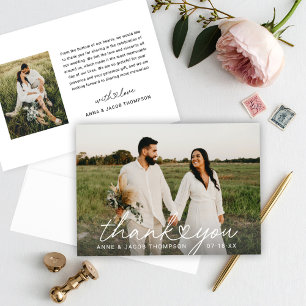 Carte De Remerciements Photo de mariage à cœur de script