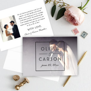 Carte De Remerciements Photo de mariage à monogramme géométrique noir mod