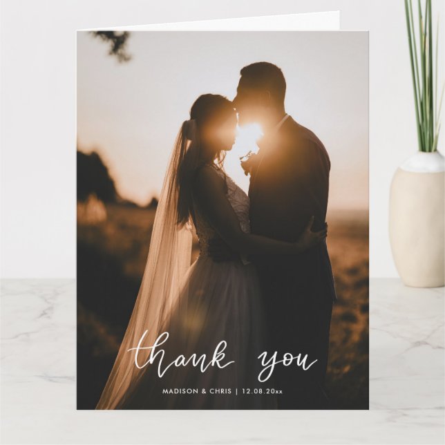 Carte De Remerciements Photo de mariage avec écriture moderne de remercie (Devant)