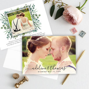Carte De Remerciements Photo de mariage avec une verdure élégante d'eucal