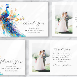 Carte De Remerciements Photo de mariage bleu paon or