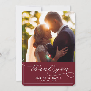 Carte De Remerciements Photo de mariage bordeaux élégant à la main