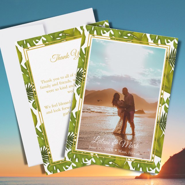Carte De Remerciements Photo de mariage de destination Tropical Leaves Go (Créateur téléchargé)