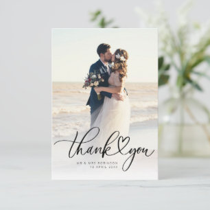 Carte De Remerciements photo de mariage des jeunes mariés écriture cœur