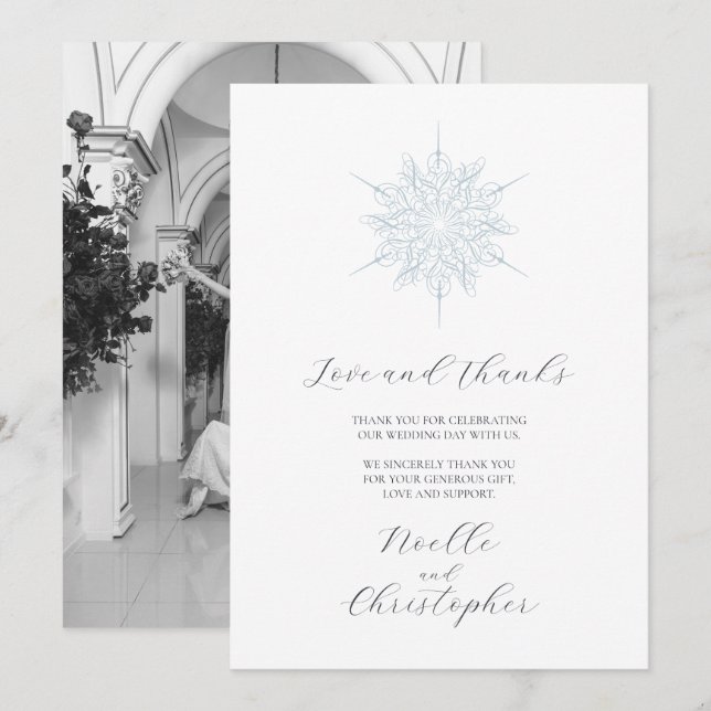 Carte De Remerciements Photo de mariage d'hiver élégant flocon de neige b (Devant / Derrière)