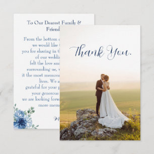 Carte De Remerciements Photo de mariage élégant aux fleurs bleues poussié